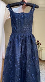 Ndyad Navy Blue A-Line Spaghetti Straps Tulle Embroidery Applique Long Prom Dress Evening Dress HZ1024