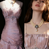 Ndyad Spaghetti Straps Mermaid Evening Dress?? Pink Satin Layered Pleated Prom Dress with Beading HZ1024