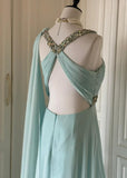 Ndyad Tiffany Blue Chiffon V-neck Beaded Sequin A-Line Long Prom Dress Wedding Evening Dress HZ1024