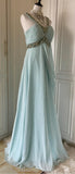 Ndyad Tiffany Blue Chiffon V-neck Beaded Sequin A-Line Long Prom Dress Wedding Evening Dress HZ1024