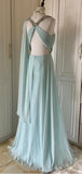 Ndyad Tiffany Blue Chiffon V-neck Beaded Sequin A-Line Long Prom Dress Wedding Evening Dress HZ1024
