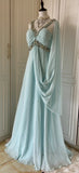Ndyad Tiffany Blue Chiffon V-neck Beaded Sequin A-Line Long Prom Dress Wedding Evening Dress HZ1024