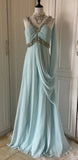 Ndyad Tiffany Blue Chiffon V-neck Beaded Sequin A-Line Long Prom Dress Wedding Evening Dress HZ1024