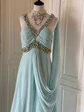 Ndyad Tiffany Blue Chiffon V-neck Beaded Sequin A-Line Long Prom Dress Wedding Evening Dress HZ1024