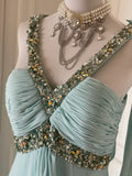 Ndyad Tiffany Blue Chiffon V-neck Beaded Sequin A-Line Long Prom Dress Wedding Evening Dress HZ1024