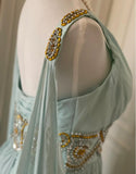 Ndyad Tiffany Blue V-neck A-Line Beaded Chiffon Long Prom Dress Evening Dress Wedding Dress HZ1024