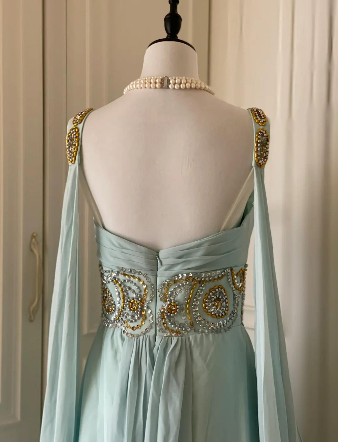 Ndyad Tiffany Blue V-neck A-Line Beaded Chiffon Long Prom Dress Evening Dress Wedding Dress HZ1024