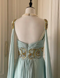 Ndyad Tiffany Blue V-neck A-Line Beaded Chiffon Long Prom Dress Evening Dress Wedding Dress HZ1024