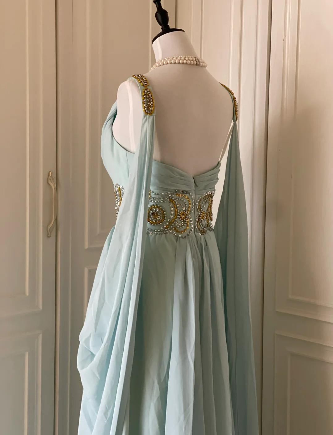 Ndyad Tiffany Blue V-neck A-Line Beaded Chiffon Long Prom Dress Evening Dress Wedding Dress HZ1024