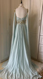 Ndyad Tiffany Blue V-neck A-Line Beaded Chiffon Long Prom Dress Evening Dress Wedding Dress HZ1024