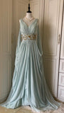 Ndyad Tiffany Blue V-neck A-Line Beaded Chiffon Long Prom Dress Evening Dress Wedding Dress HZ1024