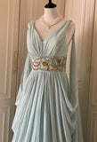 Ndyad Tiffany Blue V-neck A-Line Beaded Chiffon Long Prom Dress Evening Dress Wedding Dress HZ1024