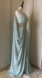 Ndyad Tiffany Blue V-neck A-Line Beaded Chiffon Long Prom Dress Evening Dress Wedding Dress HZ1024