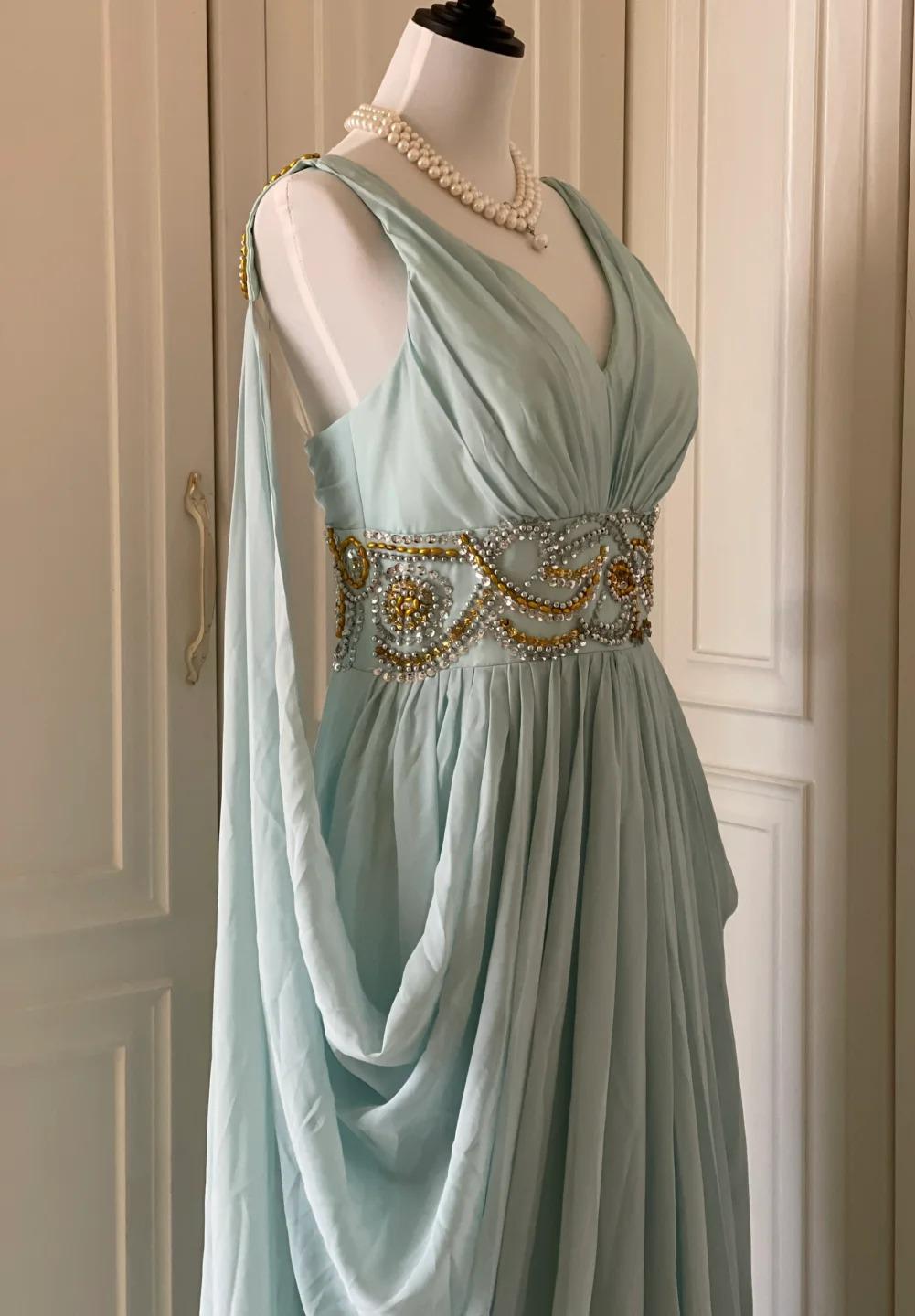 Ndyad Tiffany Blue V-neck A-Line Beaded Chiffon Long Prom Dress Evening Dress Wedding Dress HZ1024