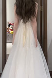 Ndyad White Spaghetti Strap A-Line Tulle Sequin Long Prom Dress Simple Birthday Graduation Dress HZ1024