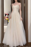 Ndyad White Spaghetti Strap A-Line Tulle Sequin Long Prom Dress Simple Birthday Graduation Dress HZ1024