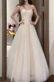 Ndyad White Spaghetti Strap A-Line Tulle Sequin Long Prom Dress Simple Birthday Graduation Dress HZ1024