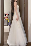 Ndyad White Spaghetti Strap A-Line Tulle Sequin Long Prom Dress Simple Birthday Graduation Dress HZ1024
