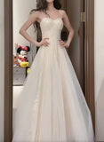 Ndyad White Spaghetti Strap A-Line Tulle Sequin Long Prom Dress Simple Birthday Graduation Dress HZ1024
