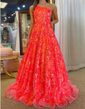 Ndyad A-Line One Shoulder Sequin Lace Long Prom Dresses Floor Length Sparkly Evening Dress HZ1024