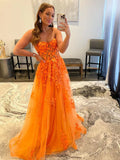 Ndyad A line Strapless Tulle Lace Long Prom Dres Applique Formal Dress HZ1024
