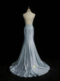 Ndyad Spaghetti Strap Mermaid Glitter Satin Long Prom Backless Applique Evening Gown Simple Wedding Dress HZ1024