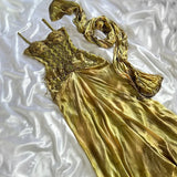 Ndyad Gold Spaghetti Strap Silk Sheath Prom Dresses Beaded Evening Gowns with Scarf HZ1024