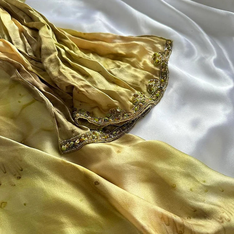 Ndyad Gold Spaghetti Strap Silk Sheath Prom Dresses Beaded Evening Gowns with Scarf HZ1024