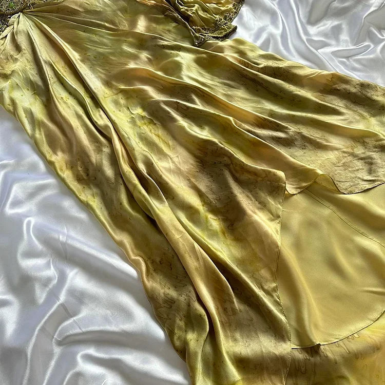 Ndyad Gold Spaghetti Strap Silk Sheath Prom Dresses Beaded Evening Gowns with Scarf HZ1024