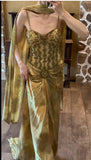 Ndyad Gold Spaghetti Strap Silk Sheath Prom Dresses Beaded Evening Gowns with Scarf HZ1024