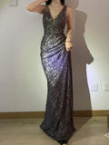 Ndyad V Neck Lace Sheath Long Prom Dress Sparkling Party Dress HZ1024