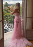 Ndyad Pink Bodycon Dress Strapless Applique Tulle Long Prom Dress HZ1024