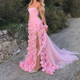 Ndyad Pink Bodycon Dress Strapless Applique Tulle Long Prom Dress HZ1024