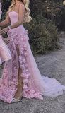 Ndyad Pink Bodycon Dress Strapless Applique Tulle Long Prom Dress HZ1024