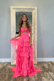 Ndyad Hot Pink A-Line Strapless Chiffon Long Prom Dress Layered Slit Sleeveless Evening Gown HZ1024