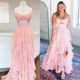 Ndyad Hot Pink A-Line Strapless Chiffon Long Prom Dress Layered Slit Sleeveless Evening Gown HZ1024