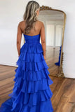 Ndyad Hot Pink A-Line Strapless Chiffon Long Prom Dress Layered Slit Sleeveless Evening Gown HZ1024