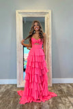 Ndyad Hot Pink A-Line Strapless Chiffon Long Prom Dress Layered Slit Sleeveless Evening Gown HZ1024