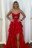 Ndyad Hot Pink A-Line Strapless Chiffon Long Prom Dress Layered Slit Sleeveless Evening Gown HZ1024