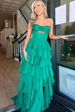 Ndyad Hot Pink A-Line Strapless Chiffon Long Prom Dress Layered Slit Sleeveless Evening Gown HZ1024