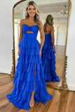 Ndyad Hot Pink A-Line Strapless Chiffon Long Prom Dress Layered Slit Sleeveless Evening Gown HZ1024