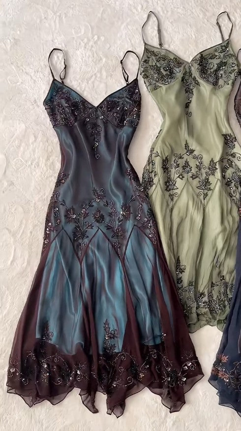 Ndyad Prom Dresses Under $180??Gothic Spaghetti Straps Blue Satin Chiffon Sheath Evening Dress with Beading HZ1024