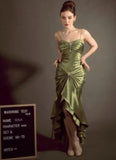 Ndyad Spaghetti Strap Mermaid Satin Dark Green Long Prom Dress Gorgeous Evening Dress HZ1024