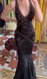 Ndyad Black Beaded Halter Neck Mermaid Chiffon Prom Dress for Party Enchanted Backless Sleeveless Evening Gown HZ1024