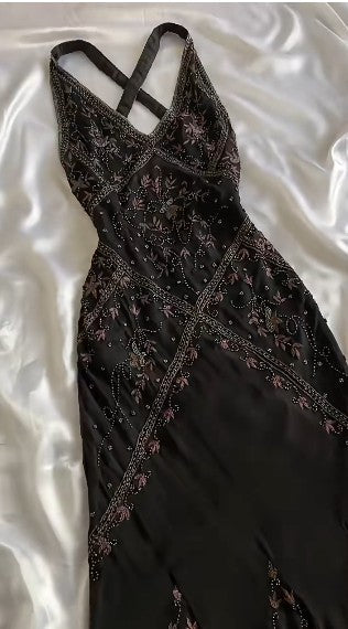 Ndyad Black Beaded Halter Neck Mermaid Chiffon Prom Dress for Party Enchanted Backless Sleeveless Evening Gown HZ1024