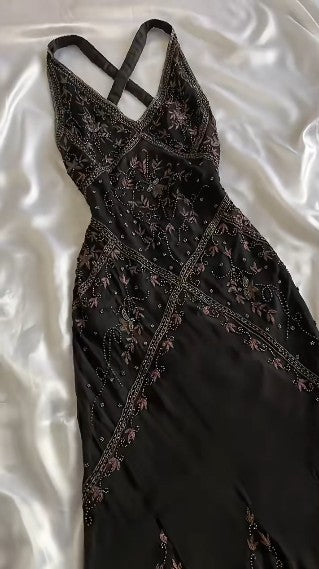 Ndyad Black Beaded Halter Neck Mermaid Chiffon Prom Dress for Party Enchanted Backless Sleeveless Evening Gown HZ1024