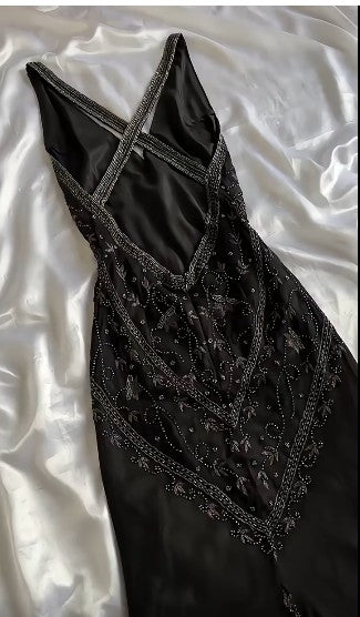 Ndyad Black Beaded Halter Neck Mermaid Chiffon Prom Dress for Party Enchanted Backless Sleeveless Evening Gown HZ1024