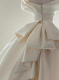 Ndyad Off Shoulder Satin Light Champagne Long Prom Dress, Light Champagne Formal Dress HZ1024
