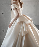 Ndyad Off Shoulder Satin Light Champagne Long Prom Dress, Light Champagne Formal Dress HZ1024