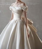 Ndyad Off Shoulder Satin Light Champagne Long Prom Dress, Light Champagne Formal Dress HZ1024